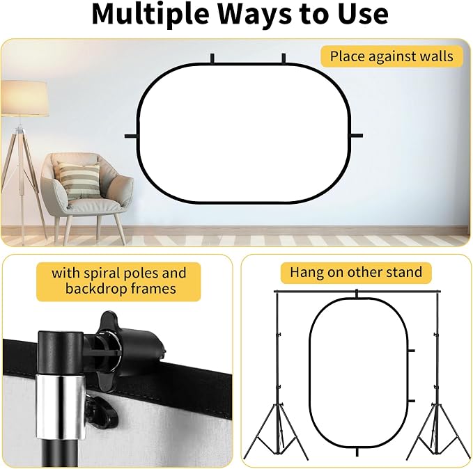 Meking 5x6.6ft Black White Background for Photography, Pop-Up Collapsible Backdrop 2-in-1 Muslin Self Tape Backdrop with Clip and Carry Case