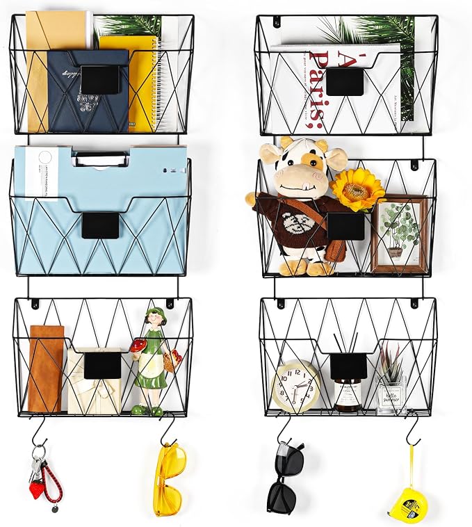 OYEAL Hanging Wall File Organizer, 6 Pockets Wall File Holder, Metal Mail Organizer Wall Mounted with Hooks for Papers, Folders, Office Magazine Rack, Black