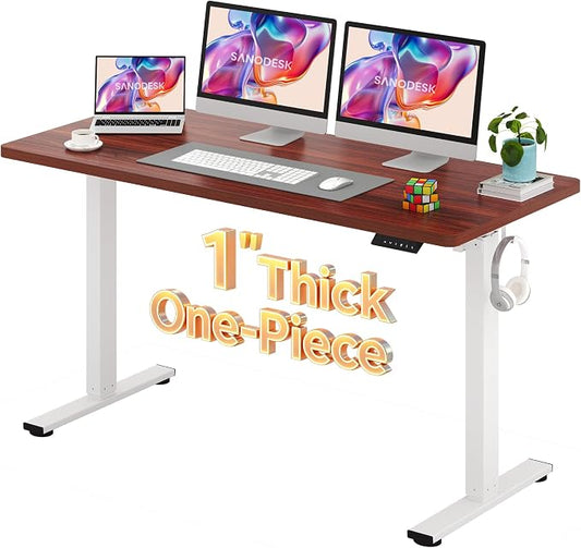 SANODESK Electric Standing Desk 60 x 24 Inches Whole-Piece Desktop Height Adjustable Stand Up Desk w/6-Button Controller Ergonomic Computer Desk for Home Office, White Frame + Mahogany Tabletop