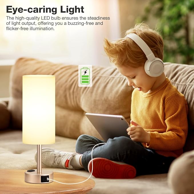 Antique White Bedside Table Lamp for Bedroom - 3 Way Dimmable Touch Lamp USB C Charging Ports and AC Outlet, Small Lamp Gold Base Round Flaxen Fabric Shade for Living Room, Desk, LED Bulb Included