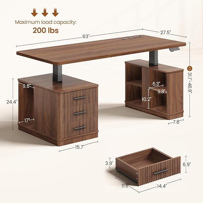 SEDETA Modern Fluted Electric Standing Desk, 63" Height Adjustable Computer Desk with 3 Drawers, Storage Shelves, Power Outlets, Wood Home Office Stand up Desk for Work, Study, Writing, Brown