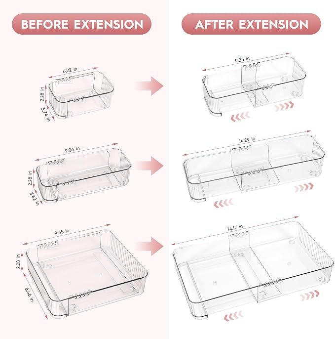 Expandable Drawer Organizer Set, Clear Adjustable Drawer Dividers, 4-Piece Storage Trays for Kitchen, Bathroom, Makeup, Office, Durable PET Material