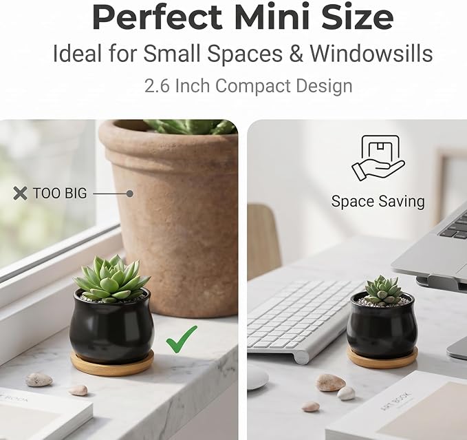 SHECIPIN 8 Pack Succulent Plant Pot, Matte Black Mini 2.6 inch Ceramic Flower Planter Pot with Bamboo Tray, Small Pots for Plants, Plants Not Included
