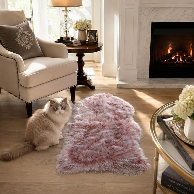 EasyJoy Faux Sheepskin Rug, Fluffy Faux Fur Rug, Ultra Soft Shag Area Rug with Non-Slip Backing for Bedroom, Living Room, Nursery, Kids Room(2 x 3 ft Sheepskin, Frosted Bottom Pink)
