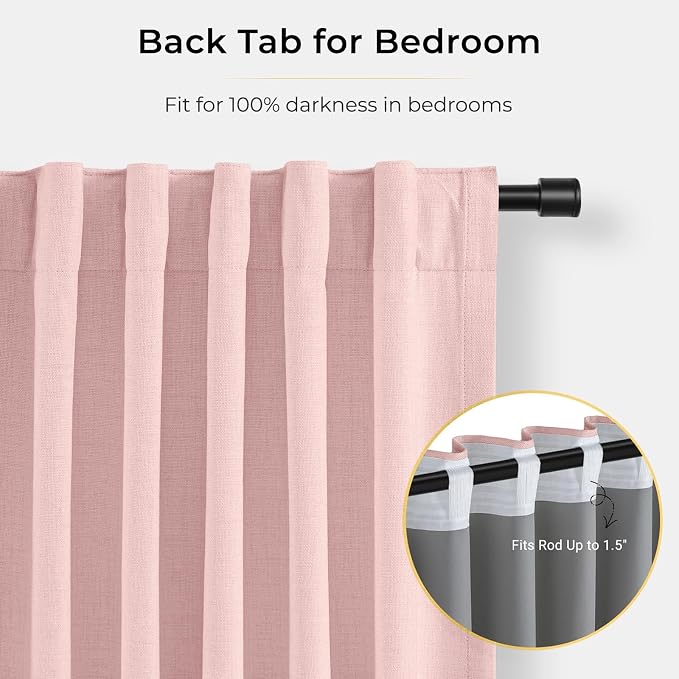INOVADAY 100% Blackout Curtains for Bedroom, Black Out Curtains 96 Inch Long, Clip Rings Linen Blackout Drapes, Thermal Insulated Room Darkening for Living Room, 2 Panels - Baby Pink,W50xL96
