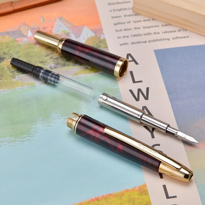 Jinhao 10 Press Fountain Pen with Box, Marble Red Retractable Fine Nib with Ink Converter Set (Golden Clip)