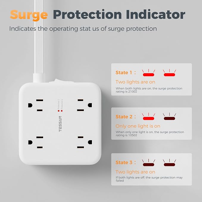 TESSAN Dual Surge Protector Power Strip, 10 Ft Extension Cord Flat Wall Plug with 4 USB (2 USB C) 8 Outlets, 2100J Surge Protection, 20W Multiple Charging Station for Home, Office, Dorm Room, Grey