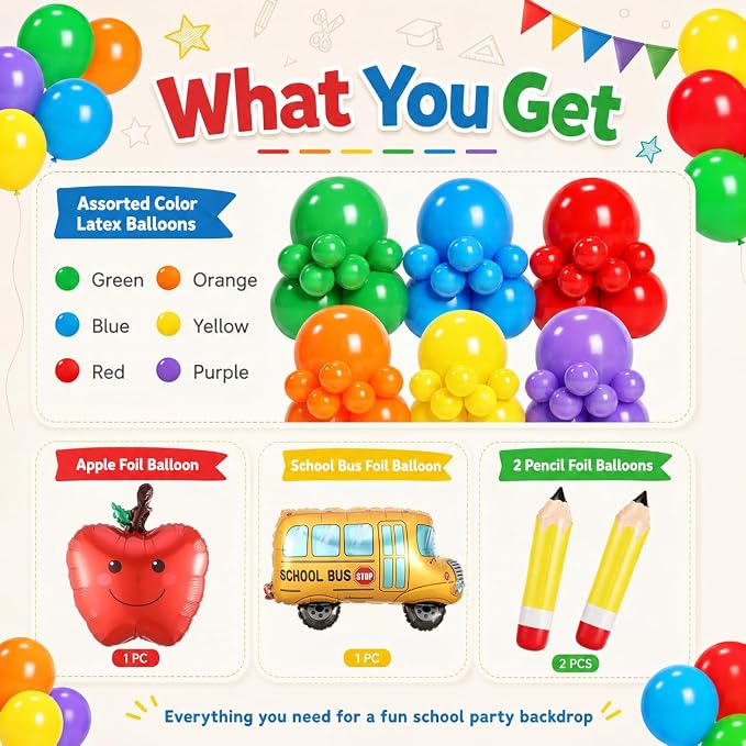 152Pcs Back to School Balloon Arch Garland Kit, Rainbow Latex Balloons and School Bus Apple Pencil Foil Balloon for Classroom Kindergarten Party Decorations, Back to School Event Supplies