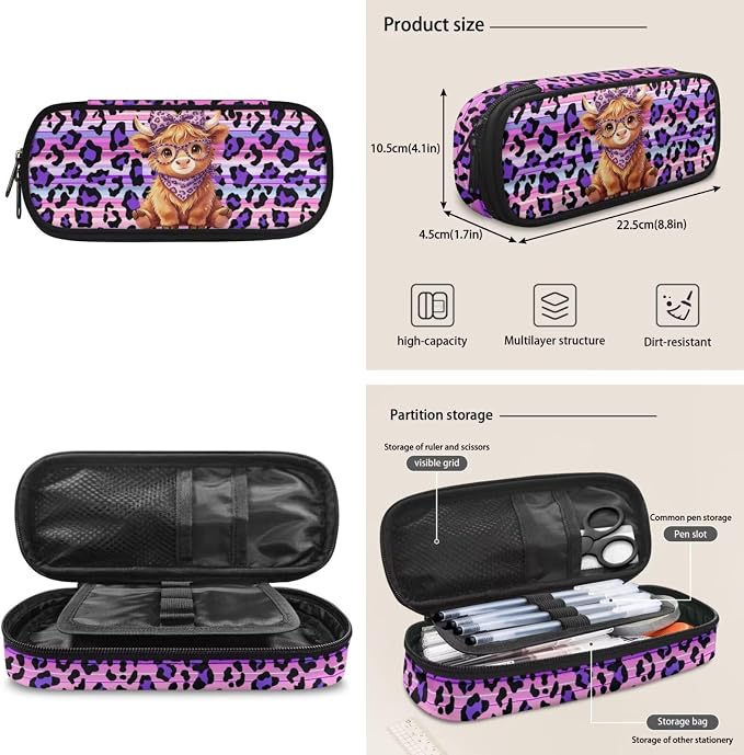 ZFRXIGN Highland Cow Girls Backpack for Elementary School Bookbag with Cute Pendant 4pc Backpack Set for Girls Cheetah Print Insulated Lunch Box Pencil Case Purple