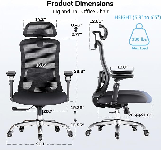 Marsail Ergonomic Office Chair with 6D Armrests, Ergonomic Chair with 3D Adjustable Headrest, Slide Seat, Lumbar Support, and 4-Position Tilt Lock – Big and Tall Office Chair with 330 lbs Capacity