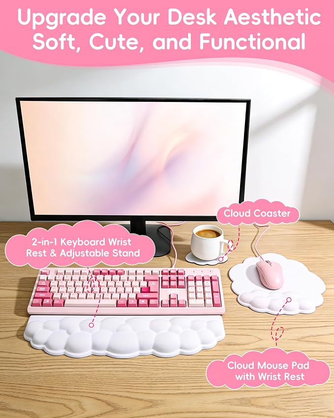 Cloud Wrist Rest Set for Keyboard and Mouse, Cute Memory Foam Wrist Support & 2-in-1 Adjustable Keyboard Stand, Silky Lycra Surface, Two Typing Angles, Non-Slip Base (White)