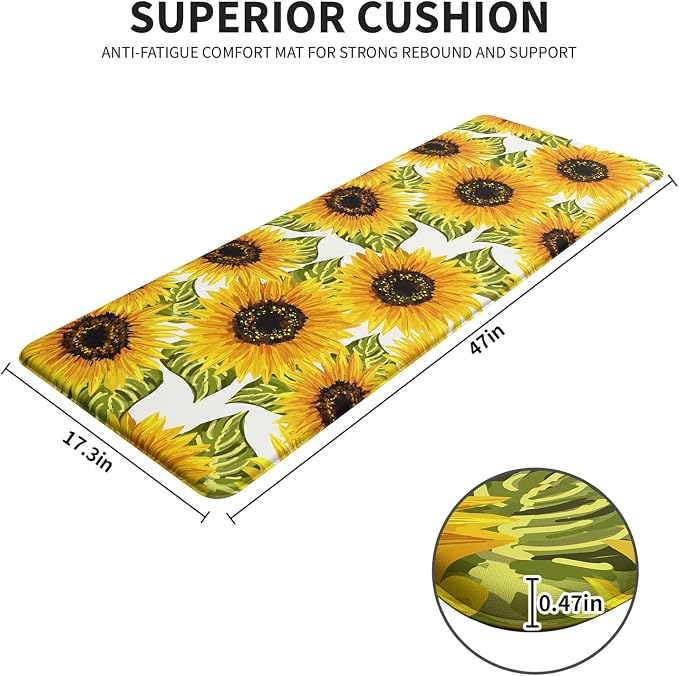 Sunflower Kitchen Decor Kitchen Mat, Cushioned Anti Fatigue Non-Slip | Bright Sunflower Pattern,Yellow docor,Cushioned Comfort,Non-Slip Backing,Waterproof Surface,Easy Clean,Kitchen Sink,Laundry
