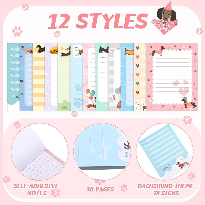 12 Pieces Dachshund Sticky Notes Dachshund Gifts 3x4 Inch Cute Cartoon Dog Self Stick Notepads Puppy Lover Gifts Dog to Do List Cute Memo Pads for Home Office Supplies
