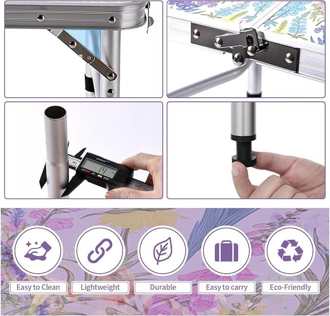 Yriuat Folding Camping Table 2ft Portable Pinic Table Adjustable Height Small Card Table Aluminum Foldable Lightweight with Carry Handle for Outdoor Indoor Hiking Camp BBQ Beach (Blooming Floral)