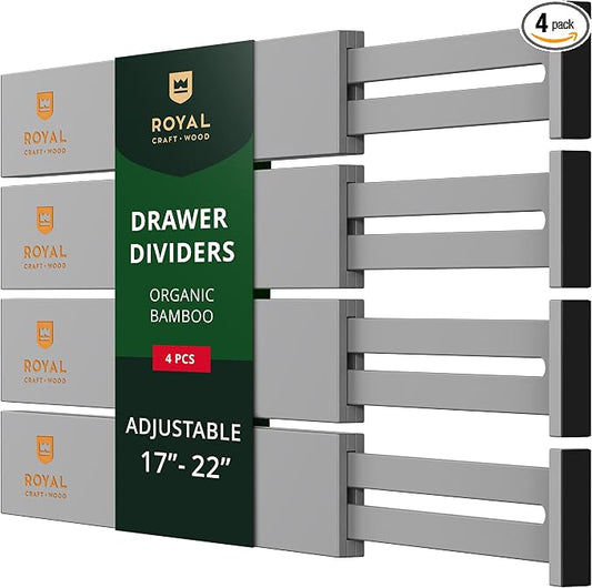 Bamboo Drawer Dividers Organizers, Adjustable Drawer Separator Splitters, 17–22 Inches Expandable Drawer Divider Organizer for Large Utensils, Kitchen, Bedroom, Dresser & Office Drawers 4-Pack, Gray