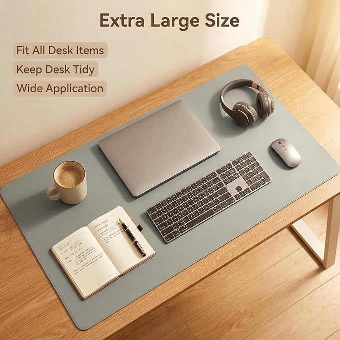 Large Desk Mat 24" x 40", PU Leather Desk Pad Protector, Non-Slip Large Mouse Pad for Desk, Waterproof Computer Desk Mat, Office Desk Pad for Keyboard Mouse, Desk Writing Mat (Light Gray)