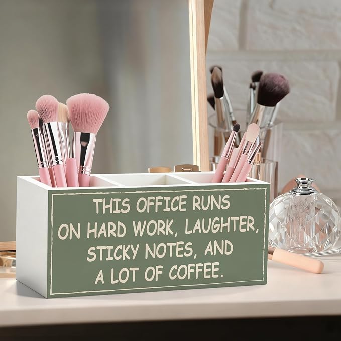 Funny Office Pen Pencil Holder for Desk | Office Humor and Coworker Gifts for Women Men, Green Wood Desk Organizer for Office Tabletop