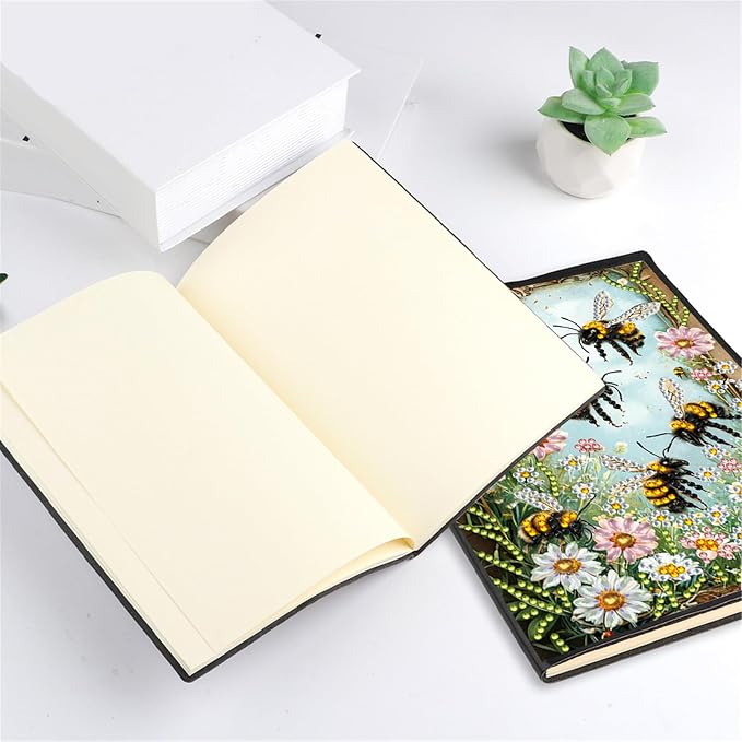 FRANDEK Diamond Art Painting Notebook Kit for Adults, Bee Flowers A5 PU DIY Journal with 50 Blank Pages, Crystal Rhinestone Beginner Craft Set with Full Tools, Gifts For Back To School Students