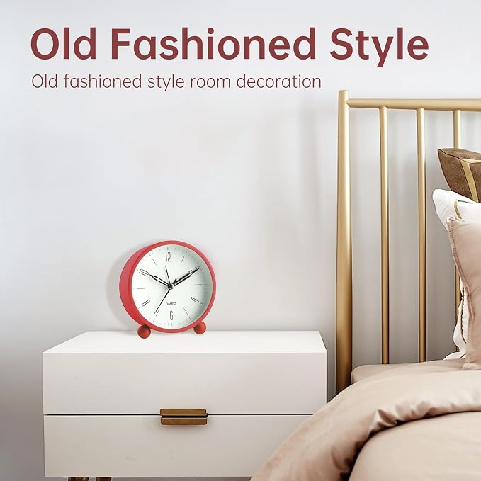 Analog Alarm Clock, 4 inch Super Silent Non Ticking Small Clock with Night Light, Battery Operated, Simple Design, Old Fashioned Style Wine-red Decor, for Bedroom, Bedside, Desk, Adult, Gift, Red