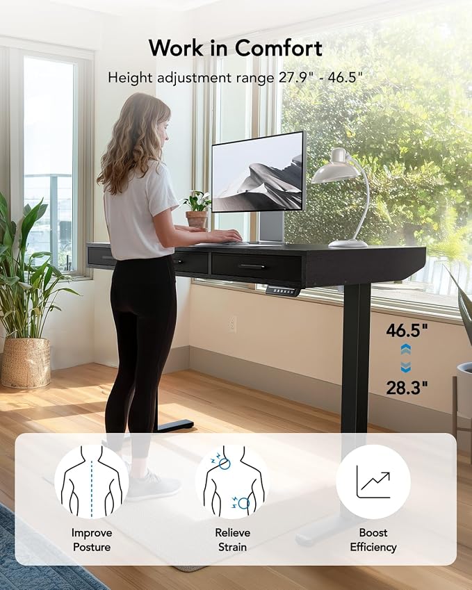 HUANUO Electric Standing Desk with Drawers, C-Clamp Mount Compatible, 55 x 28 Inch Height Adjustable Sit Stand Desk, Fabric Drawers, Home Office Stand Up Desk with 4 Custom Height Settings, Black