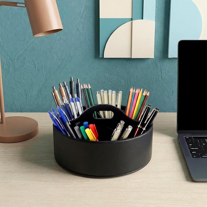 360° Rotating Leather Desk Storage Organizer with 6 Slots and Handle Extra-large Pen Holder Spinning Pencil Storage Lazy Susan Organizer Office Desk Supplies Marker, Art Supply(Black)