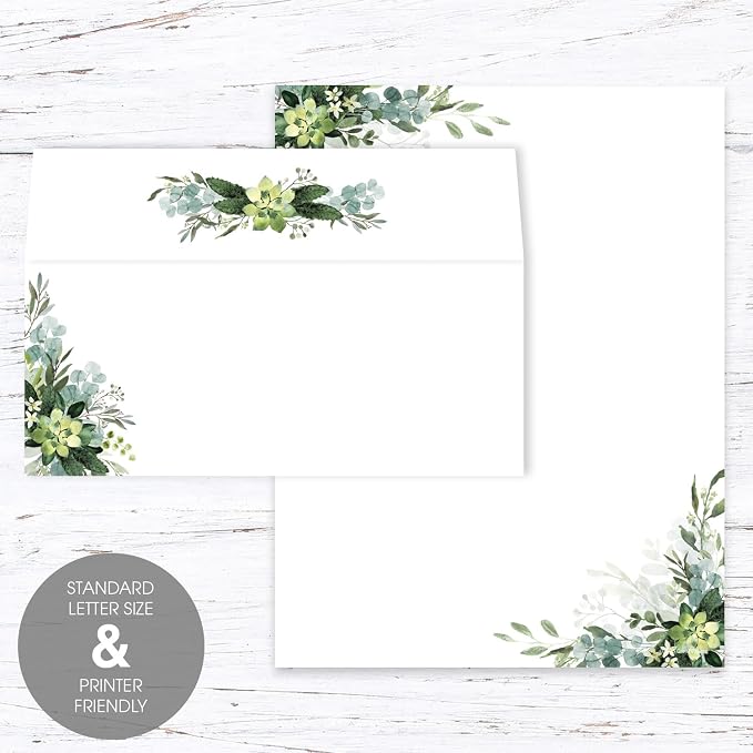 Lush Greenery Letterhead With Envelopes / 40 Decorative Botanical Floral Sheets With Matching Envelopes / 8.5" x 11" Watercolor Foliage Paper/All Occasion Design
