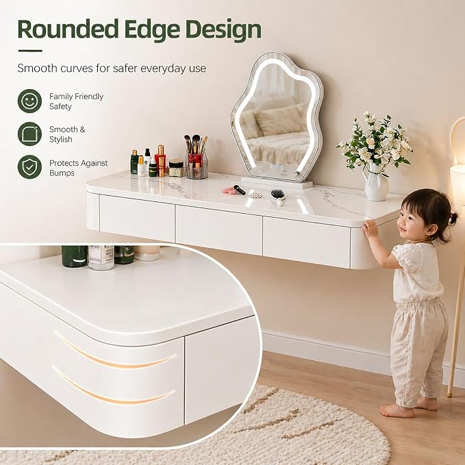 Floating Makeup Vanity Desk with Drawers Wall Mounted Makeup Table with Storage Fully Assembled Floating Vanity Desk Space Saving Modern Dressing Table for Bedroom Closet(White,55.1")