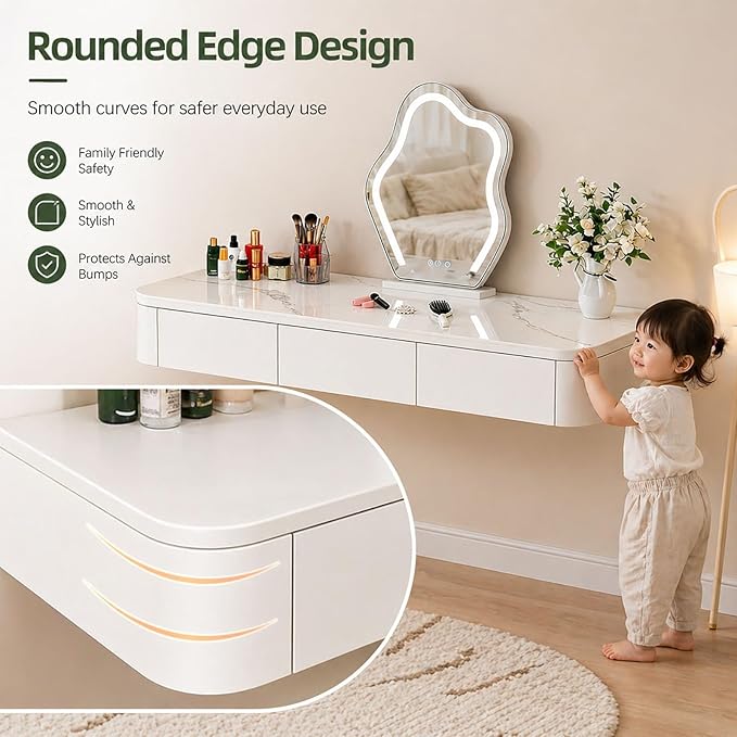 Floating Makeup Vanity Desk with Drawers Wall Mounted Makeup Table with Storage Fully Assembled Floating Vanity Desk Space Saving Modern Dressing Table for Bedroom Closet(Walnut,47.2")
