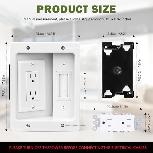 Wall Cable Concealer Management Box Recessed Outlet Wall Mount Behind TV | Cable Management Recessed Outlet Kit in Wall TV Connection Kit Hides Power Cables & Low Voltage Wires Fits All Plugs