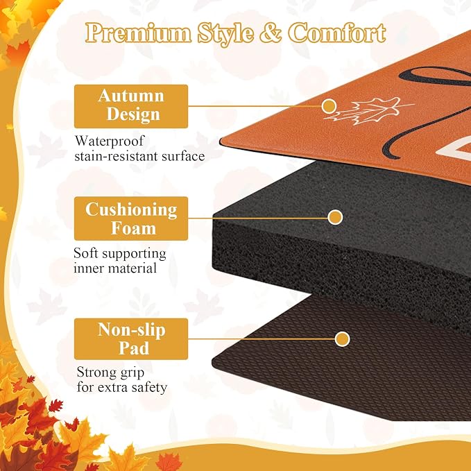 SHACOS Anti Fatigue Fall Kitchen Rugs Set of 2 Orange Mats Beige Pumpkins | Waterproof Non Slip Cushioned Kitchen Floor Mats Harvest Autumn Farmhouse Comfort Standing Mat 17x27.5+17x47"