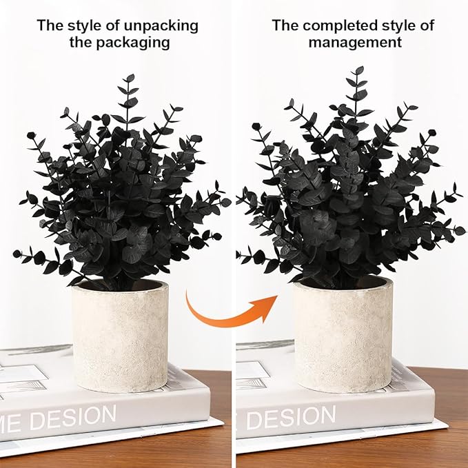2 Pack Black Fake Eucalyptus Small Fake Plants Potted Artificial Plants for Halloween Shelf Desk Home Farmhouse Room Coffee Table Decor Bathroom Decor (Black)