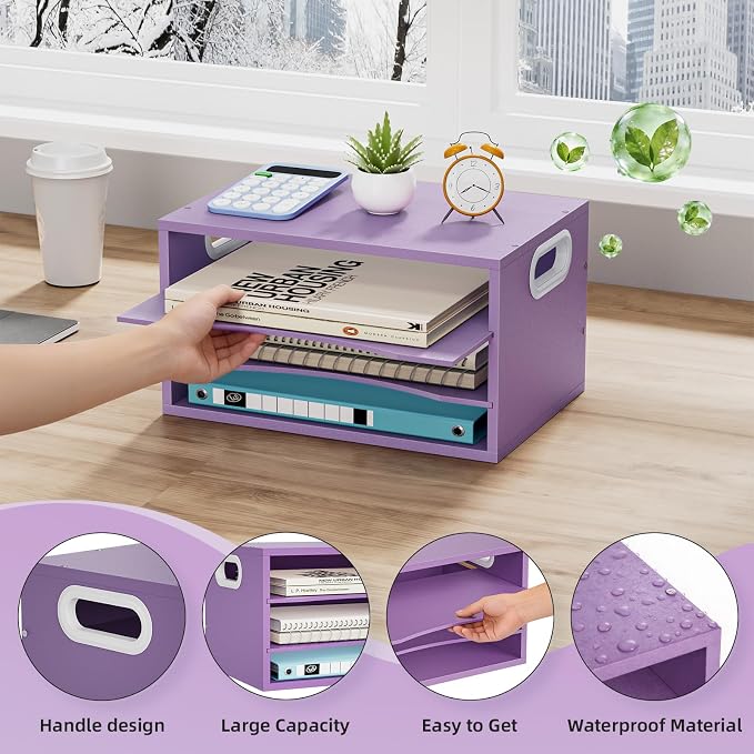 Marbrasse 3 Tier Wood Desk Organizer, Paper Letter Tray Organizer，Purple | Wooden Desktop File Organizer with Handle and Paper Sorter Mail Holder for Office School & Home Supplies Organization