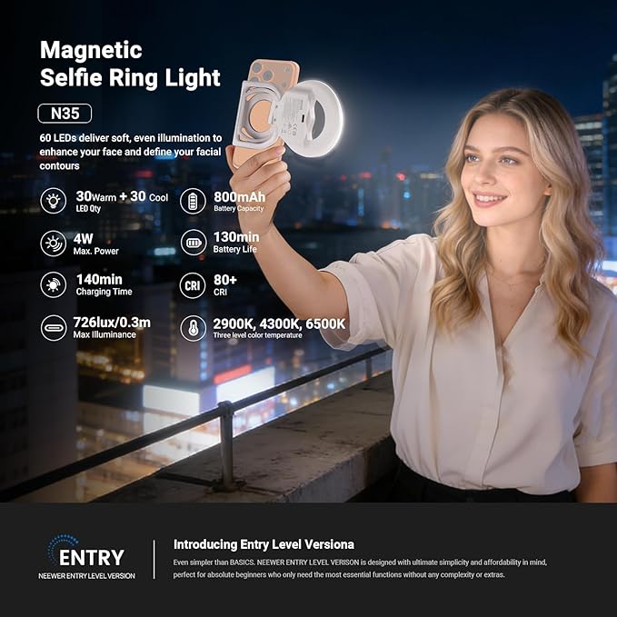 NEEWER ENTRY LEVEL VERSION N35 Magnetic Selfie Ring Light Compatible with MagSafe iPhone, 4W Bi Color Foldable Small Plastic LED Phone Fill Lighting 800mAh/CRI80+ for Recording Makeup Video Conference