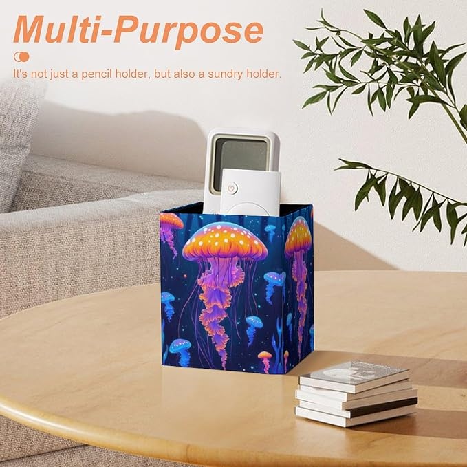 Jellyfish Print Leather Square Pen Holder Modern Desk Decor Home Organizer For Make Up Brushes Supplies Office Stationery Storage