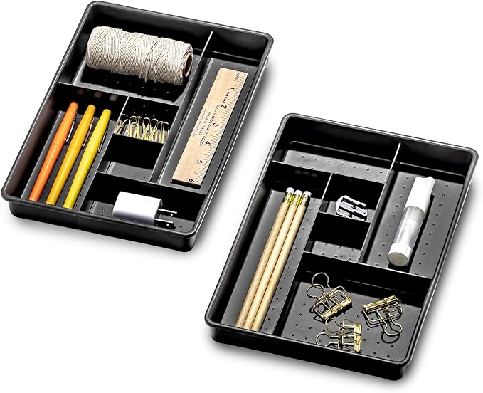 madesmart Classic 2 Piece Drawer Organizer, Granite | rounded corners, 12 compartments, open sections, cords tech accessories, office craft supplies, woman owned