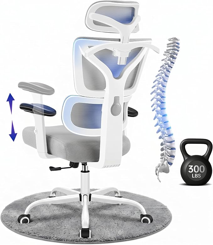 Ergonomic Office Chair, High Back Mesh Computer Chair with Comfortable Adaptive Lumbar Support, Built-in Coat Hanger, SGS Class 4 Gas Lift, Heavy Duty 300lbs for Long Hours Home Office