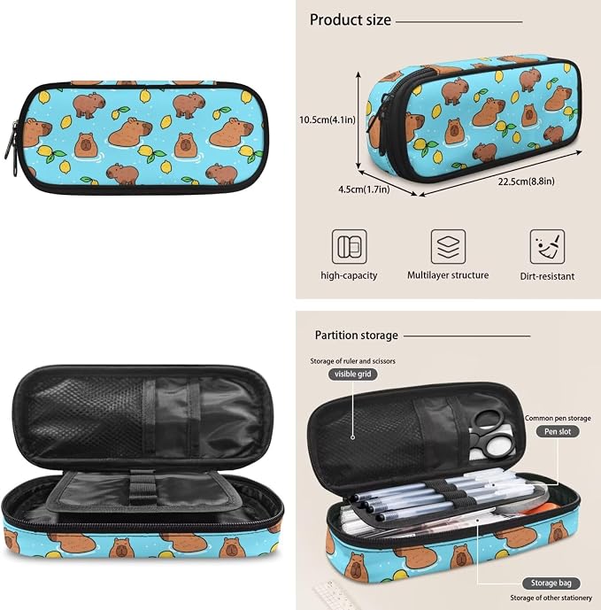 ZFRXIGN Little Capybara Kids Backpack for Boys 8-12 10-12 Bookbag with Cute Pendant 17inch Girls School Bag and Insulated Lunch Box Pencil Case Blue Bagpack Set