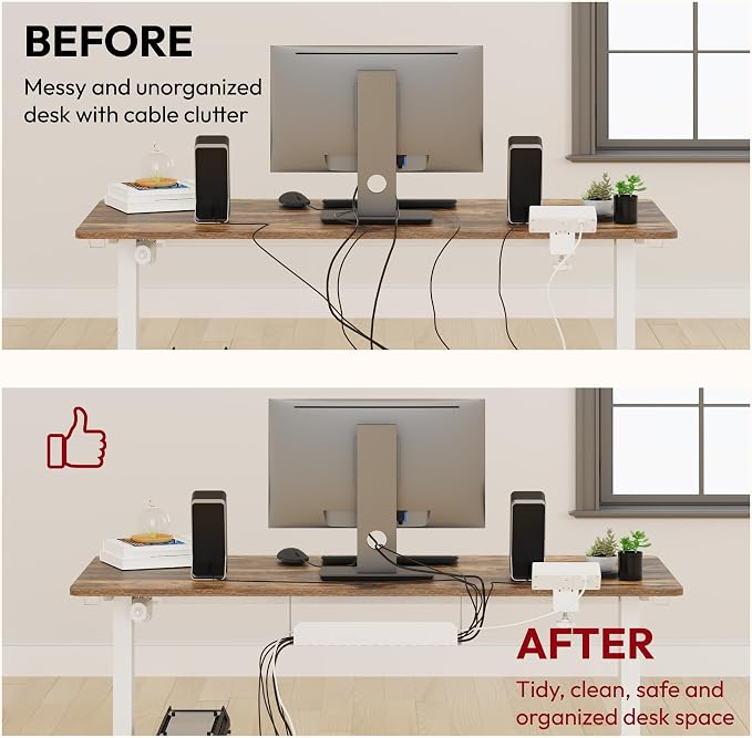 SANODESK Electric Standing Desk with Desk Clamp Power Strip 48"x 30" Whole-Piece Desktop Height Adjustable Stand Up Desk with Cable Management Sit Stand Home Office Desk White Frame/Rustic Brown Top