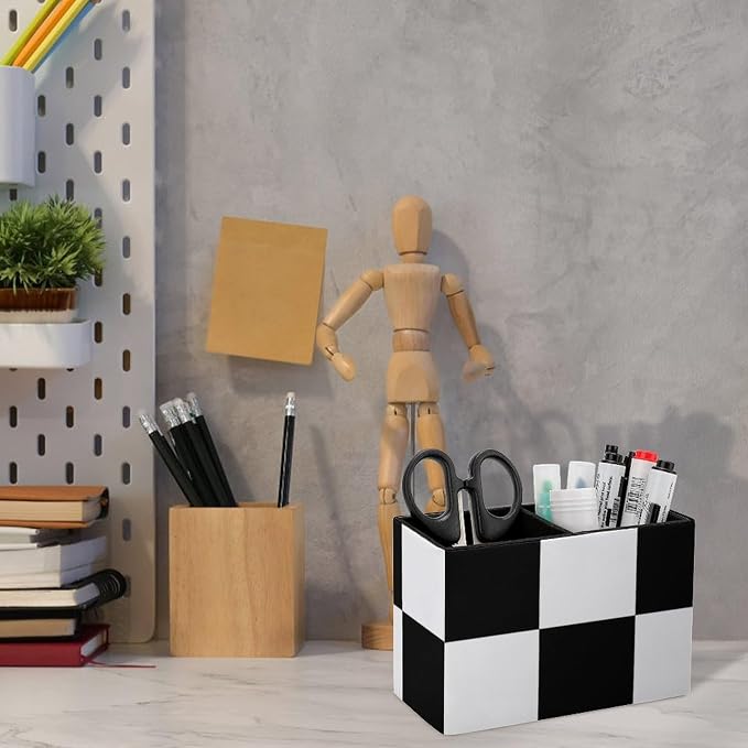 Black And White Plaid PU Leather Pen Holder Desk Organizer, 2-Compartment Pencil Container for Office, Home, Vanity Use
