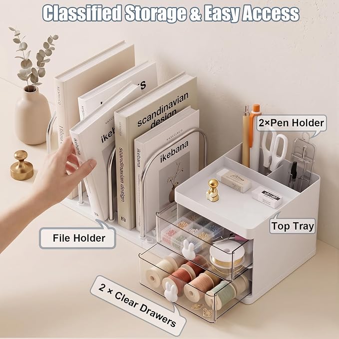 Marte Vanci Desk Organizer with File Holder, Versatile Tidy Organizer with 2 Drawers & Pen Holder, Stationery Storage Rack Detachable Bookends Desktop Caddy for Home Office Supplies Desk Accessories