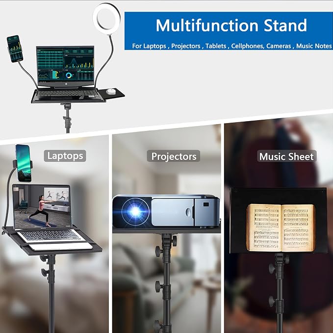 Projector Tripod Stand with Wheels Laptop Tripod Stand Projector Tripod Laptop Stand Floor Stand Live Stream stand Treadmill Stand Music Stand with 6" LED Ring Light for Online Meeting Recording