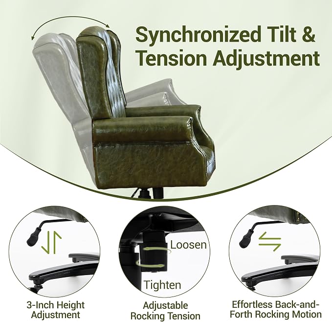 Vintage High Back Wingback Executive Office Chair, Green | Home Desk Chairs with Tufted Nailhead Trim & PU Faux Leather, Heavy Duty Adjustable Rocking Computer Chair for Gaming