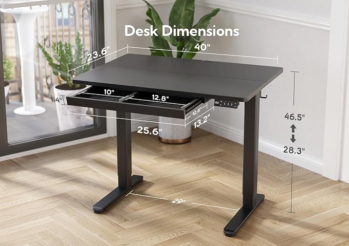 Claiks Electric Standing Desk with Drawer 40 Inch Black | Sturdy steel frame supports 176 lbs, 28.35 to 46.46 inch height range, 45 dB quiet motor, built-in wire holes