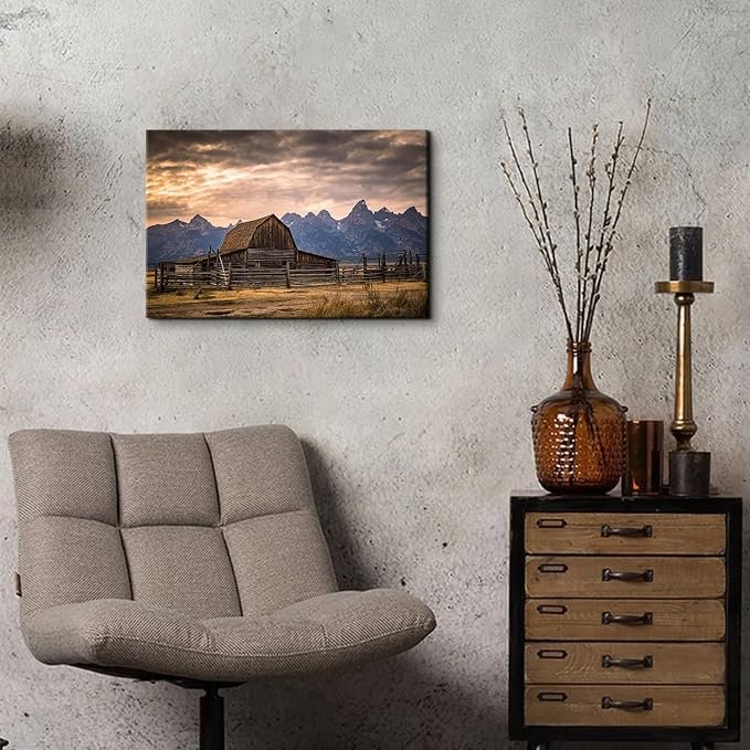 Grand Teton National Park Canvas Wall Art Sunset Moulton Barn Landscape Wall Decor, Wyoming Nature Mountains Scenery Picture Artwork Painting Decoration for Home Living Room Bedroom Kitchen 16x24"