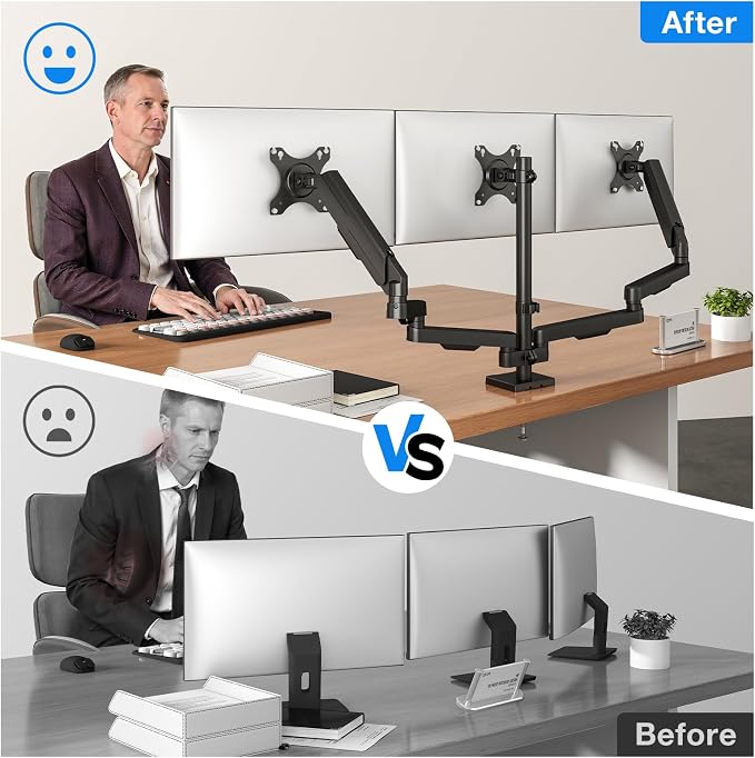 Triple Monitor Mount for 17-32" Screens, VESA 75/100mm | Holds up to 19.8lbs per Arm. Full Motion Tilt, Swivel, 360 Rotation, Extra Tall Pole, C-clamp/Grommet Base.