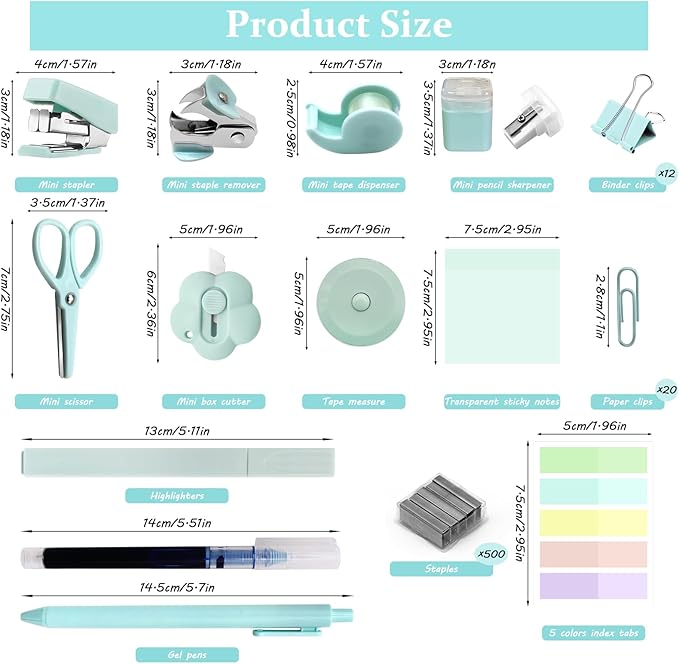 Mini Office Supplies, Teal Mini Stapler with Staples and Tape Dispenser Set, Mini Stationary Kit Includes Sticky Notes Index Tabs Highlighters Gel Pens for Office & School Supplies (Teal)
