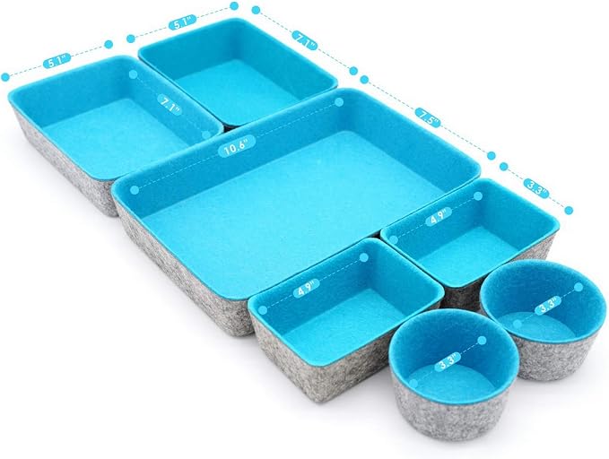 Drawer organizers bins felt tray desk storage bins dividers small organizing box for office supplies closet cabinet makeup holder Fall room decor 7-piece (Turquoise)