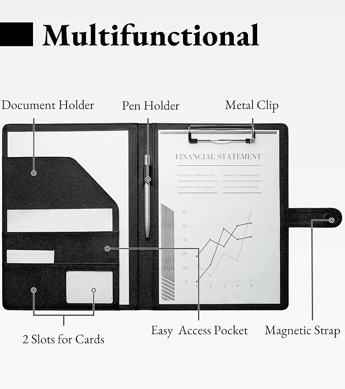 Zreal Padfolio Portfolio Binder with Clipboard & Card Holder, Faux Leather File Folder, Folio Resume Paper Organizer for A4 Letter Size Document, Legal Pad Holder for Women Man (Black)