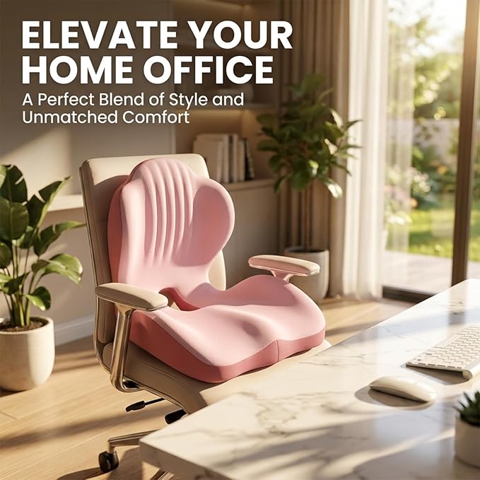 SakerPlus Ergonomic Memory Foam Seat Cushion and Back Support Pillow, One Piece Chair Cushion with Lumbar Support, L Shaped Office Chair Cushion for Desk Chair, Car Seat, Computer Wheelchair (Pink)