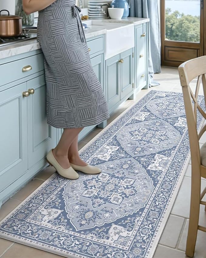 DEXI Kitchen Floor Mats Anti Fatigue, 23x59 Large Cushioned Vintage Runner Rug Waterproof, Standing Comfort Memory Foam Padded for Front Sink Laundry Office, Grey Blue